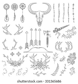 Hand drawn vintage rustic tribal collection. Design elements for wedding, birthday, valentines day cards, posters, prints. American native motives. Floral, herbal monochrome shapes.
