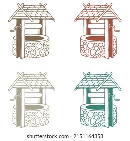 Hand Drawn Vintage Rusty Stone Well Covered Tiled Roof Vector Illustration. Ancient Well
