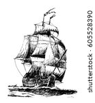Hand drawn vintage sailing ship. Military sailing ship sailing in the ocean. Vector illustration.