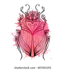 Hand drawn vintage scarab with red watercolor splashes. Insect with doodle pattern. Vector element for tattoo sketch, printing on T-shirts, postcards and your design