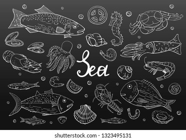 Hand drawn vintage seafood set on black backround. Vector engraved seafood, fish and vegetables