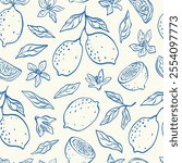 Hand drawn vintage seamless pattern with lemons, flowers and leaves in blue colors. Citrus tropical whimsical fruits in sketch style. Summer abstract design background for paper, cover, fabric.