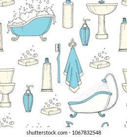Hand drawn vintage seamless pattern with bathroom objects. Bathtub, toilet, washbasin, shower, soap, shampoo, towel, toothbrush, toothpaste. Pattern  for wallpaper, web page, surface textures, textile