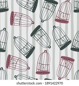 Hand drawn vintage seamless pattern with random doodle green and purple bird cage on striped background. Perfect for fabric design, textile print, wrapping, cover. Vector illustration.