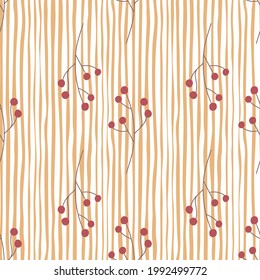 Hand drawn vintage seamless pattern with red simple botanic berries shapes. White and orange striped background. Perfect for fabric design, textile print, wrapping, cover. Vector illustration.