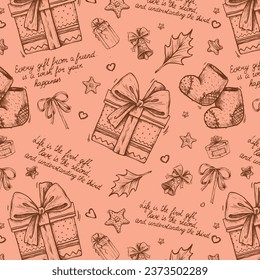 Hand drawn vintage seamless pattern with new year elements. New year and winter holidays. Vector illustration in ink hand drawn style.