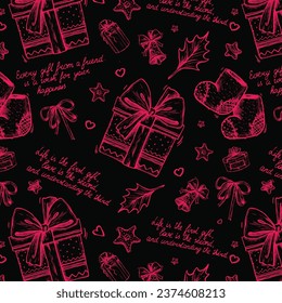 Hand drawn vintage seamless pattern with new year elements. New year and winter holidays. Vector illustration in ink hand drawn style.