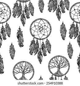 Hand drawn vintage seamless pattern. Indian dream catchers, feathers. 