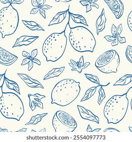 Hand drawn vintage seamless pattern with lemons, flowers and leaves in blue colors. Citrus tropical whimsical fruits in sketch style. Summer abstract design background for paper, cover, fabric.