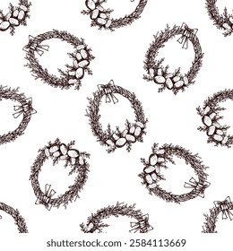 Hand drawn vintage seamless pattern of Easter wreaths with eggs

