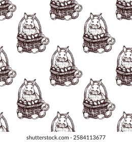 Hand drawn vintage seamless pattern of Easter bunny in basket

