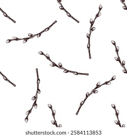 Hand drawn vintage seamless pattern of pussy willow branches for Easter

