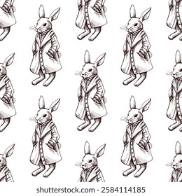 Hand drawn vintage seamless pattern of an Easter bunny in coat

