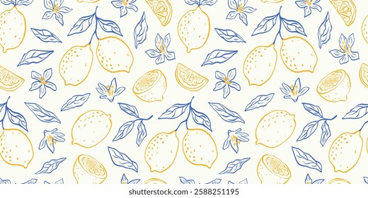 Hand drawn vintage seamless pattern with lemons, flowers and leaves in yellow and blue colors. Line art. Citrus italian print drawing in ink doodle style. Summer vector modern illustration background.