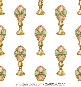 Hand drawn vintage seamless pattern of Easter eggs in egg cups

