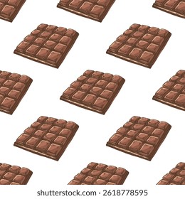 Hand drawn vintage seamless pattern featuring chocolate bar tiles with textured cubes. Brown color vector sketch isolated on white background. Perfect for packaging, textiles, wallpapers