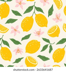 Hand drawn vintage seamless pattern with lemons, flowers and leaves. Citrus tropical fruits. Summer italian vacation concept. Trendy vector mediterranean background for paper, cover, fabric.