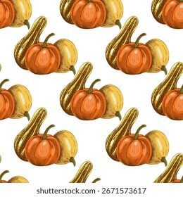 Hand drawn vintage seamless pattern with pumpkins and squashes in rustic autumn harvest retro style. Perfect for thanksgiving, halloween, farm market, textile, wrapping, kitchen, seasonal 