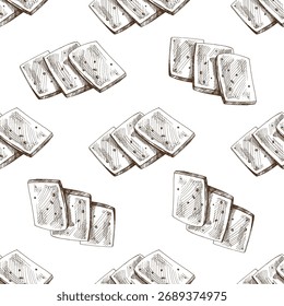 Hand drawn vintage seamless pattern with sliced cheese pieces. Monochrome dairy background ideal for packaging, wrapping paper, kitchen textiles, cafe menus, and food design projects.