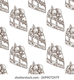 Hand drawn vintage seamless pattern of layered cake slice with berries and leaves on top in monochrome brown style