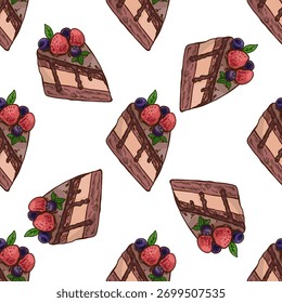 Hand drawn vintage seamless pattern of chocolate cake slice with strawberries and blueberries in color vector illustration