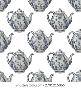 Dibujado a mano patrón vintage sin fisuras con elegantes teteras de porcelana con delicada decoración floral azul. Perfecto para embalajes, diseño textil, menú de cafetería, papel de regalo y proyectos de cocina.