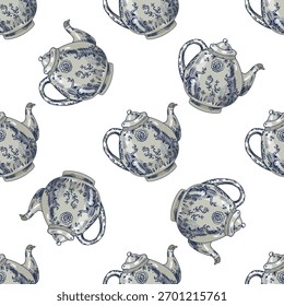 Dibujado a mano patrón vintage sin fisuras con elegantes teteras de porcelana con delicada decoración floral azul. Perfecto para embalaje, diseño textil, menú de café, papel de embalaje y cocina 