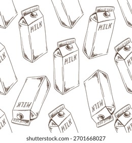 Hand drawn vintage seamless pattern featuring repeating milk carton boxes in monochrome brown line art. Retro dairy packaging design perfect for backgrounds, branding, kitchen decor.