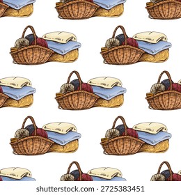 Dibujado a mano patrón vintage sin fisuras con una cesta de tejer con bolas de hilo, agujas y tela doblada. Fondo artesanal acogedor para la tela de papel de embalaje textil papelería y diseños temáticos hechos a mano.