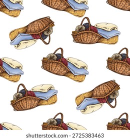 Dibujado a mano patrón vintage sin fisuras con una cesta de tejer con bolas de hilo, agujas y tela doblada. Fondo artesanal acogedor para la tela de papel de embalaje textil papelería y diseños temáticos hechos a mano.