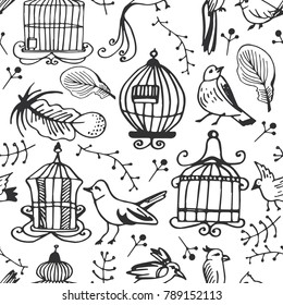 Hand drawn vintage seamless pattern with birds, feathers and cages. Vector background with sketch romantic elements. Doodle collection of icons for card design.