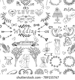 Hand drawn vintage seamless pattern. Vector background with sketch wedding elements. Doodle collection of romantic icons.