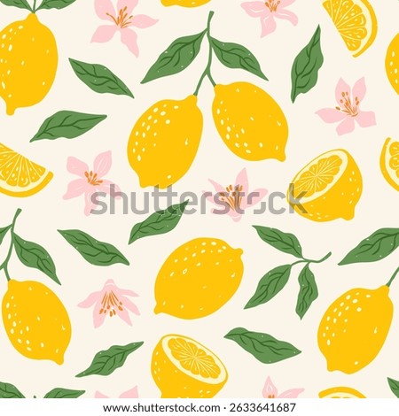 Hand drawn vintage seamless pattern with lemons, flowers and leaves. Citrus tropical fruits. Summer italian vacation concept. Trendy vector mediterranean background for paper, cover, fabric.