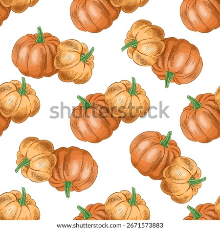 Hand drawn vintage seamless pattern with pumpkins in rustic autumn harvest style. Retro food illustration background for thanksgiving, halloween, farm market, kitchen, textile, wrapping 