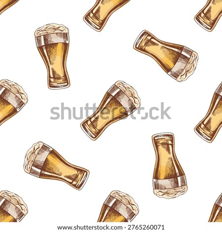 Hand drawn vintage seamless pattern with tall beer glasses and foam, light lager style drink, perfect for pub branding, packaging, wrapping paper, textile design and alcohol themed projects