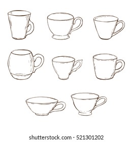 Hand drawn vintage set of cups on white background. Vector illustration