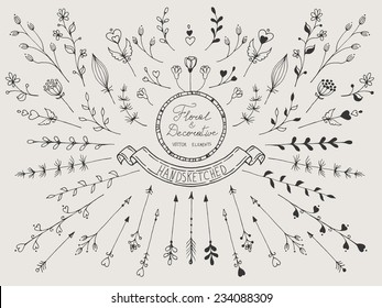 Hand Drawn Vintage Set Of Floral And Decorative Elements