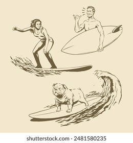 Hand Drawn Vintage Set of Man and Women Surfer