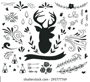 Hand drawn vintage set with a reindeer and different design elements (banner, branches, flowers, lettering, curls)