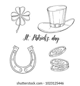 Hand drawn vintage set for St Patrick's day. St. Patrick's hat, horseshoe, four-leaf clover and gold coins. Lettering. Engraving illustrations