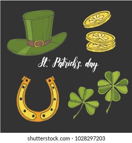 Hand drawn vintage set for St Patrick's day. St. Patrick's hat, horseshoe, four-leaf clover and gold coins on black. Lettering. Engraving illustrations