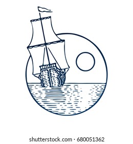 Hand drawn vintage ship in the sea, sunrise or sunset in graphic style. Outdoor activity travel circle symbol, tourism. Engraved vector illustration for poster, tattoo, t-shirt and card design.