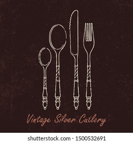 Hand drawn vintage silver cutlery.