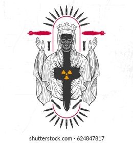 Hand drawn vintage skeleton with bombs and weapons. Creative original vector illustration in hipster retro style. Style design background for tattoo, textile, cover, poster.