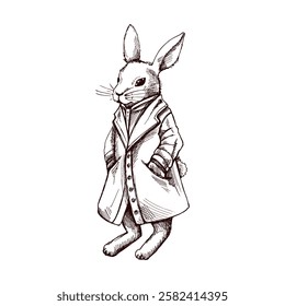 Hand drawn vintage sketch of anthropomorphic rabbit in coat

