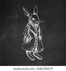 Hand drawn vintage sketch of anthropomorphic rabbit in coat on chalk background