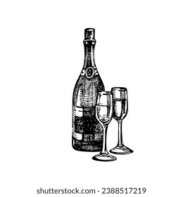 Hand drawn vintage sketch champagne bottle and glasses. Vector illustration 