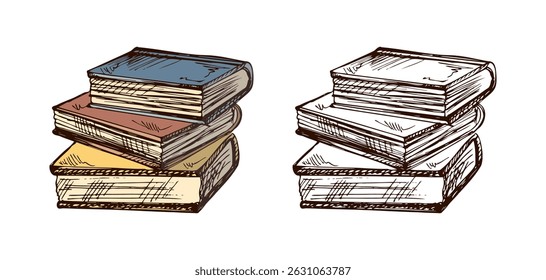 Hand drawn vintage sketch of closed books stack in color and monochrome version, engraving style vector illustration