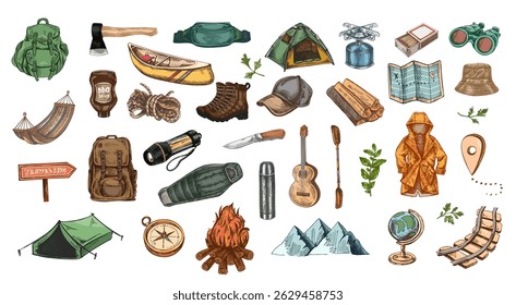 Hand drawn vintage sketch of colorful travel and camping gear in engraved style. Includes tent, backpack, guitar, fire, compass, clothing and food. Perfect for tourism, packaging and outdoor designs.