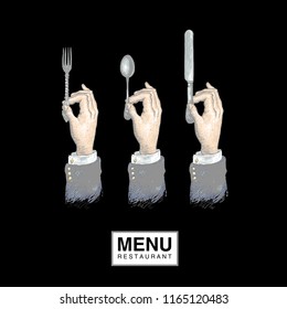 Hand drawn vintage sketch for design of the menu. Hands with cutleries. Spoon, fork and knife. Vintage stylized drawing. Vector illustration in a retro woodcut style